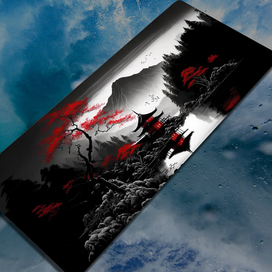 blossom dirft mouse pad with a white mountains and trees with red pedals frontal