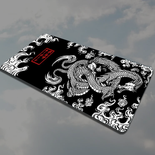 dragon flow mouse pad with a white dragon and flames with a black background frontal