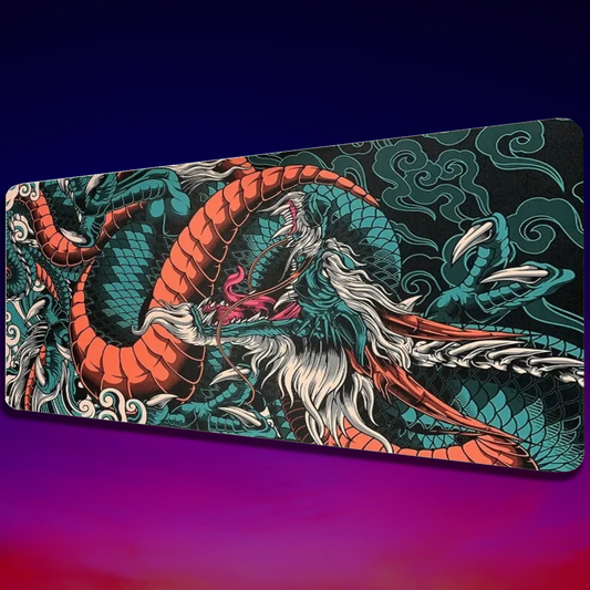 jade scale mouse pad with an orange and green dragon frontal