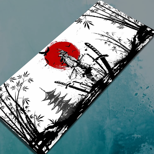 samurai dawn mouse pad with a samurai holding swords and a red sun frontal